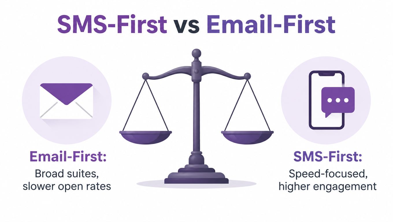 A graphic comparing email-first and SMS-first marketing strategies using a balance scale to show trade-offs in engagement.