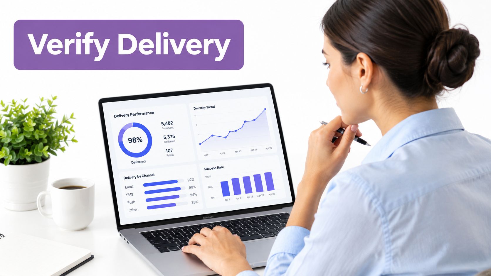 A businesswoman analyzing digital delivery performance and success rate statistics on her laptop computer screen.