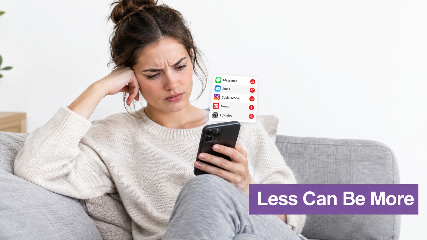 A stressed woman sitting on a couch checking her smartphone with many app notifications displayed.