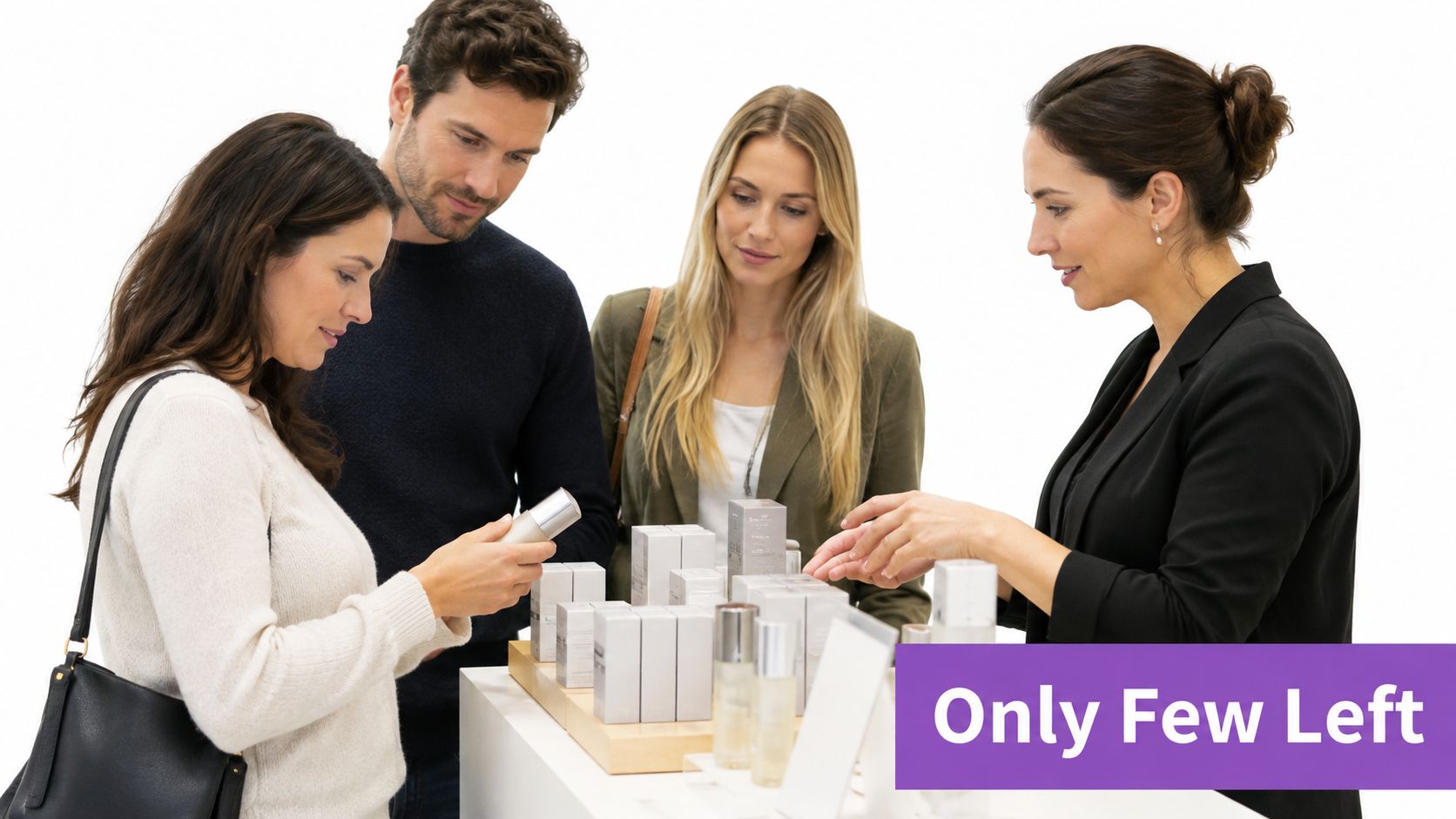 A store clerk assists a group of customers looking at beauty products with a limited stock notice.