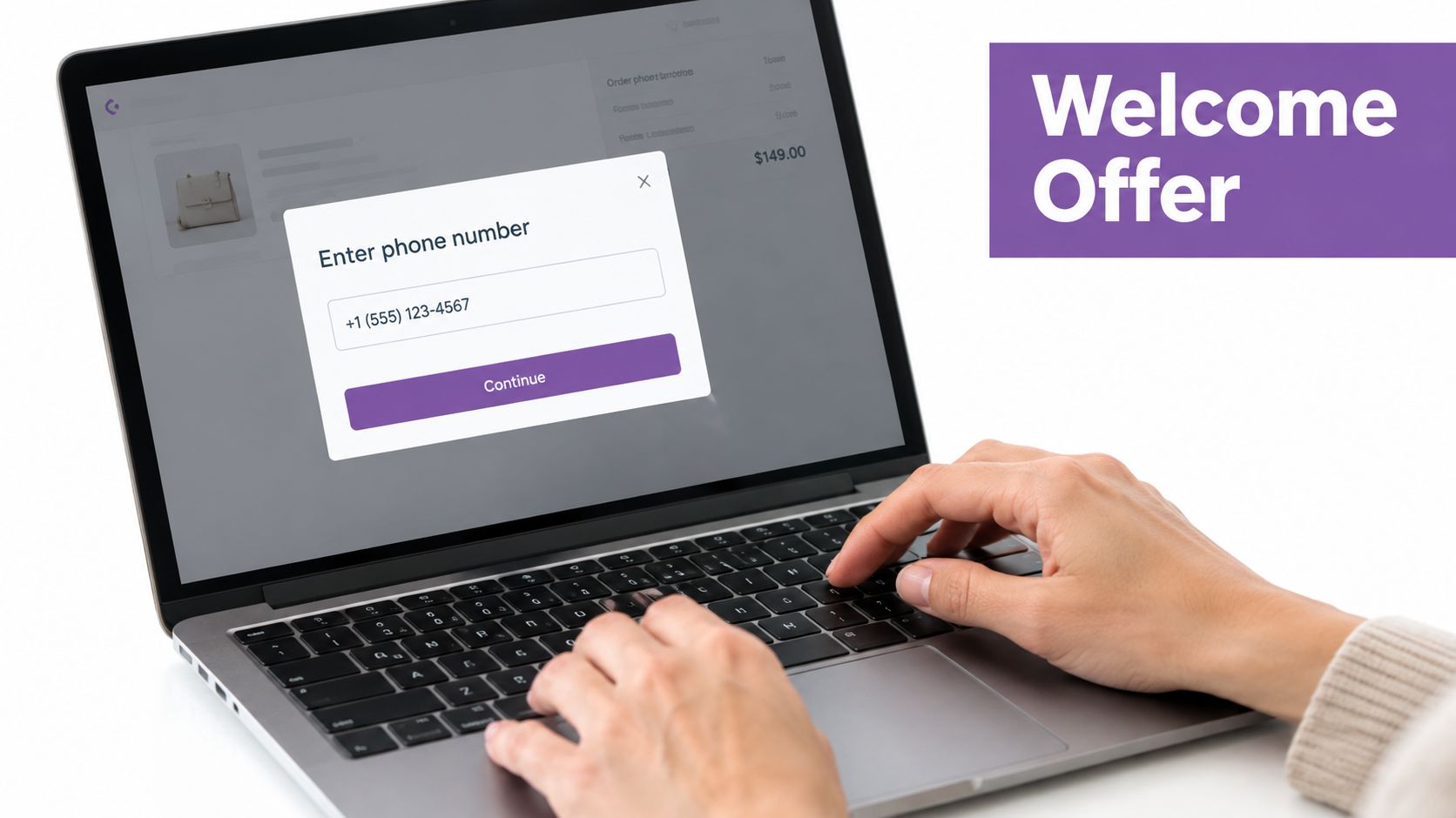 A person entering their phone number on a laptop screen for a website welcome offer sign-up.