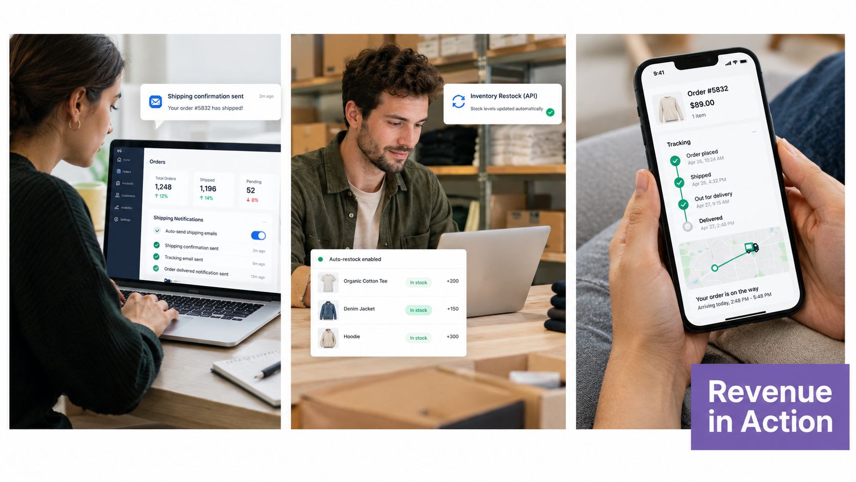 A split image showing e-commerce management tools on a laptop, a warehouse worker, and order tracking on a smartphone.