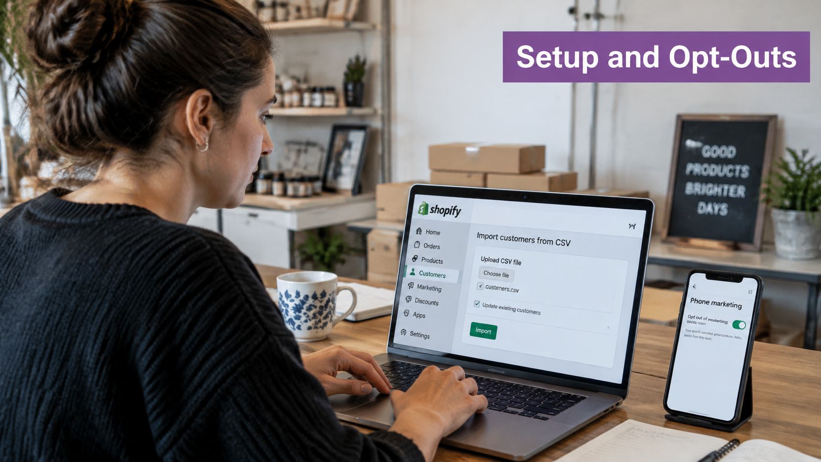A woman working on a laptop, importing customer data in Shopify while setting phone marketing opt-outs.