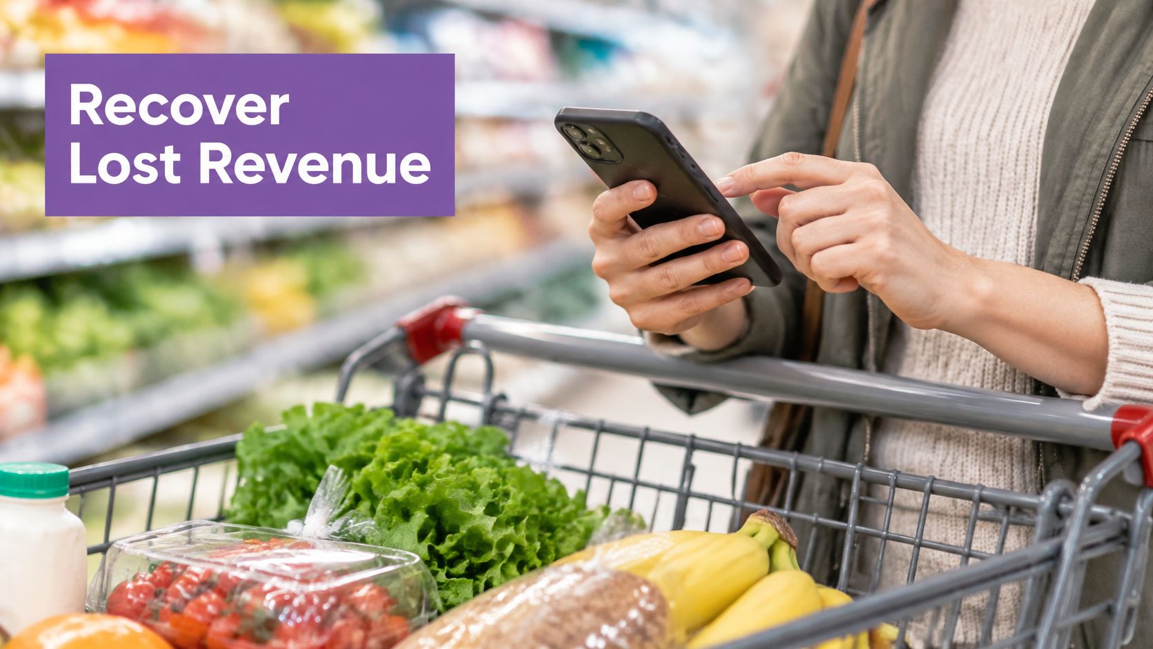 A shopper in a grocery store using a smartphone while pushing a cart filled with fresh produce.