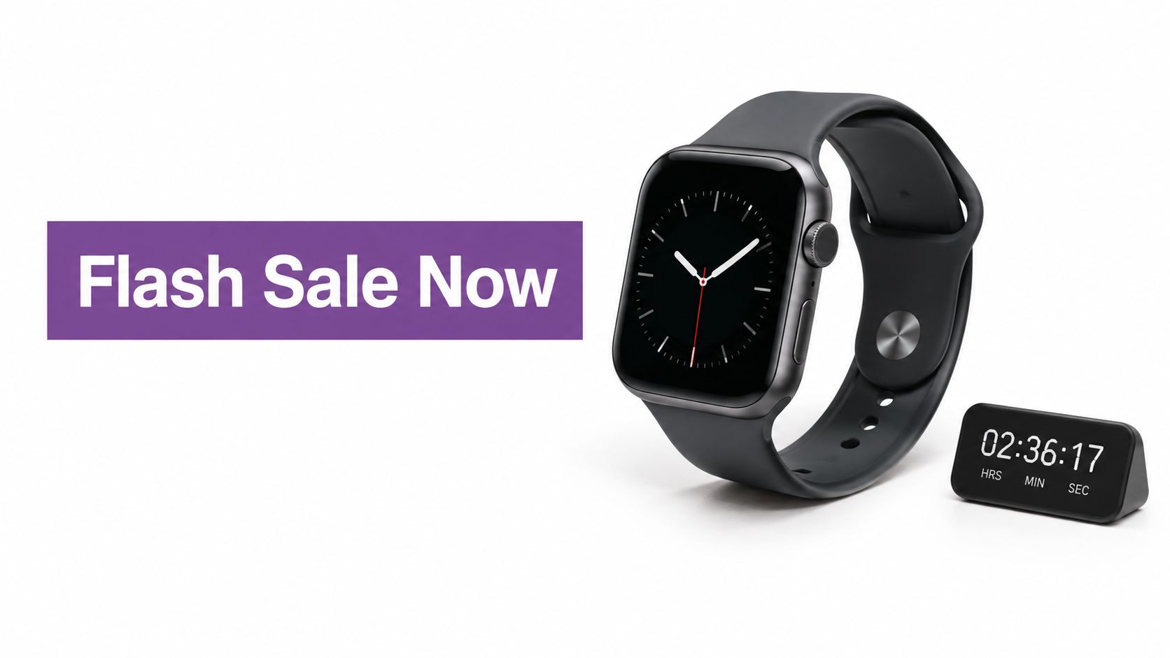 A modern black digital smartwatch displayed next to a small timer counting down a flash sale.