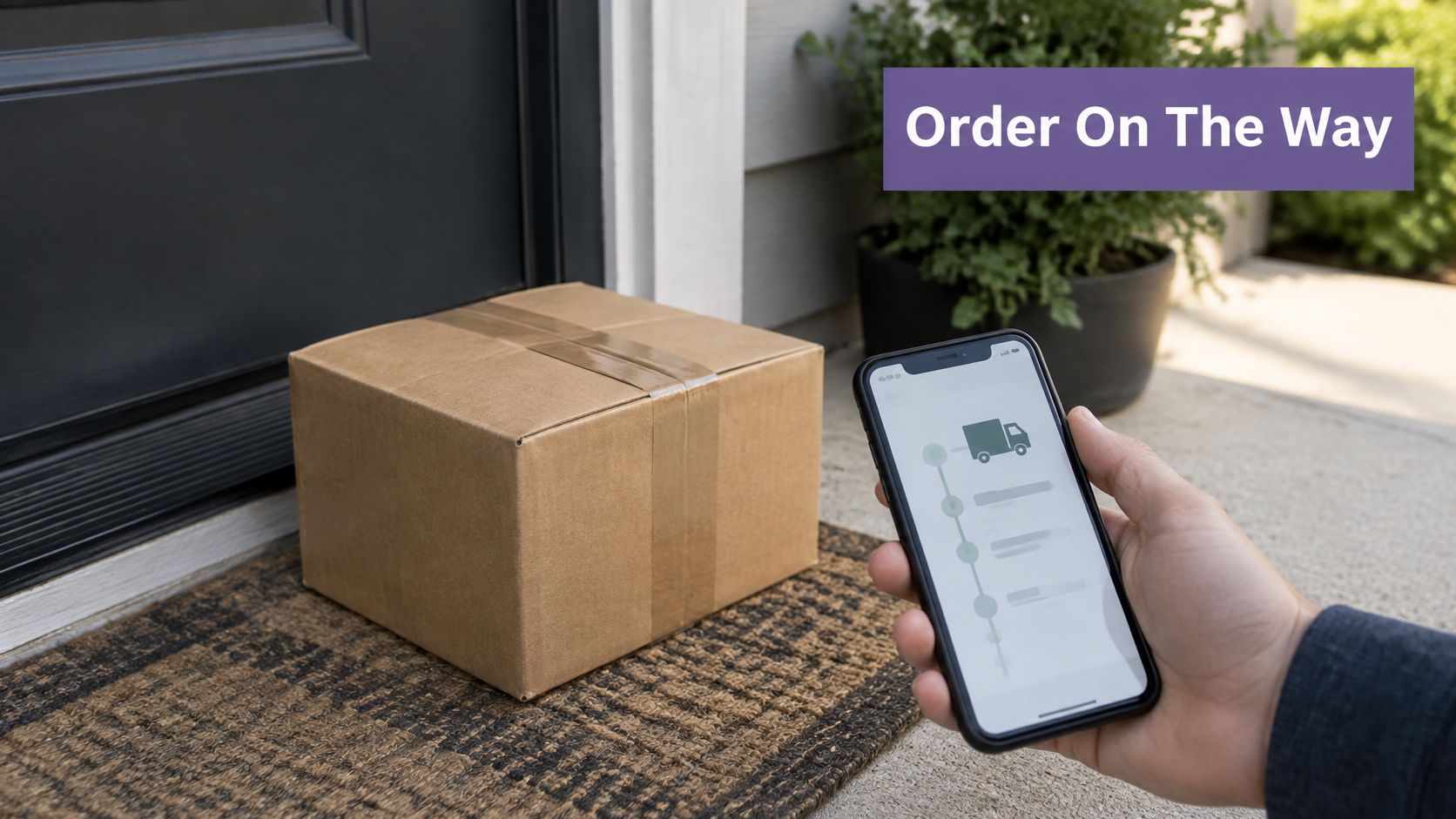 A hand holding a smartphone showing a delivery tracking app with a parcel on the doormat