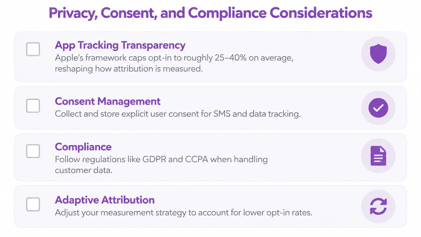 A list of privacy, consent, and compliance considerations for mobile marketing and data tracking strategies.