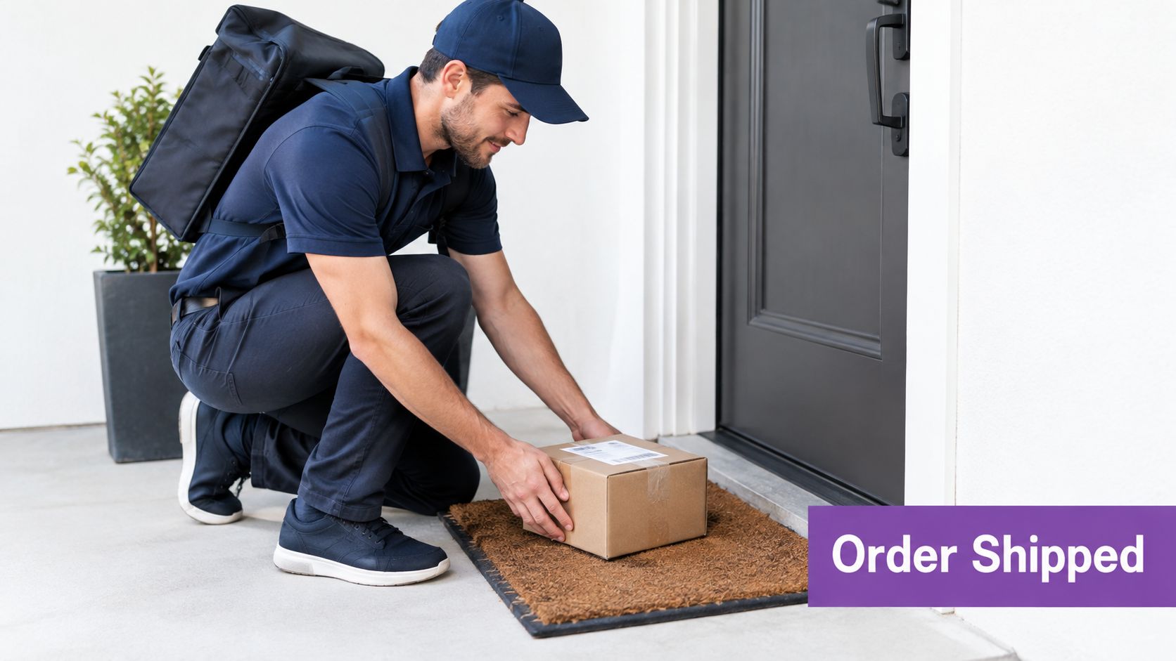 A professional delivery courier kneeling to place a cardboard package on the doorstep of a house.