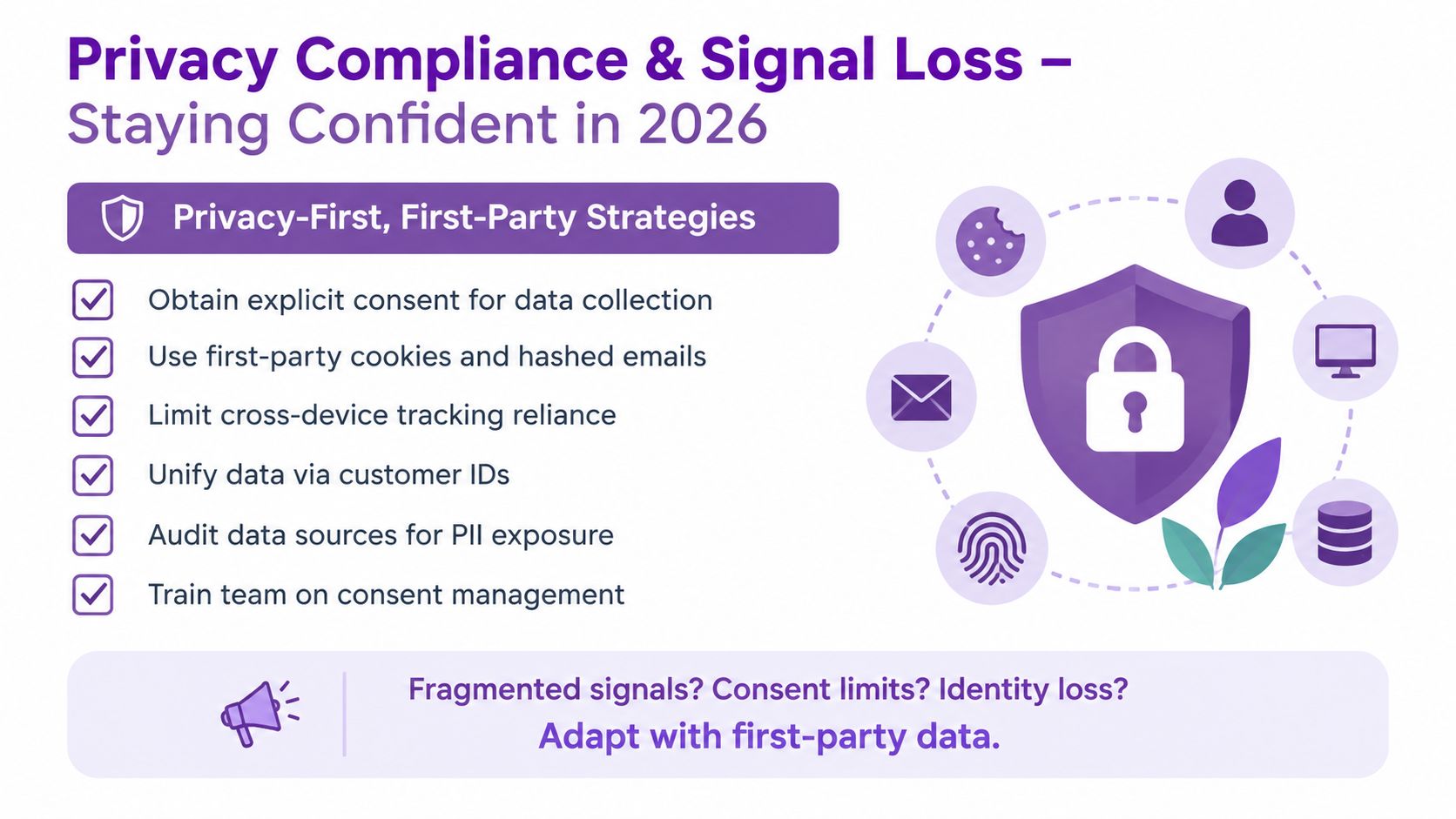 An infographic titled Privacy Compliance and Signal Loss explaining first-party data strategies for the year 2026.