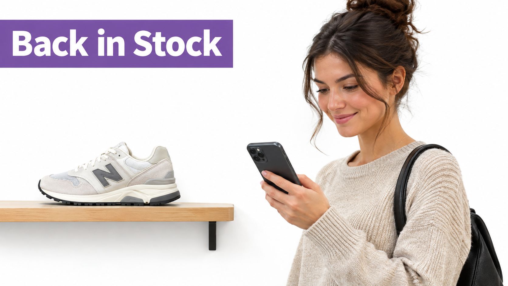 A smiling young woman checks her phone while standing near a shelf with a New Balance sneaker.