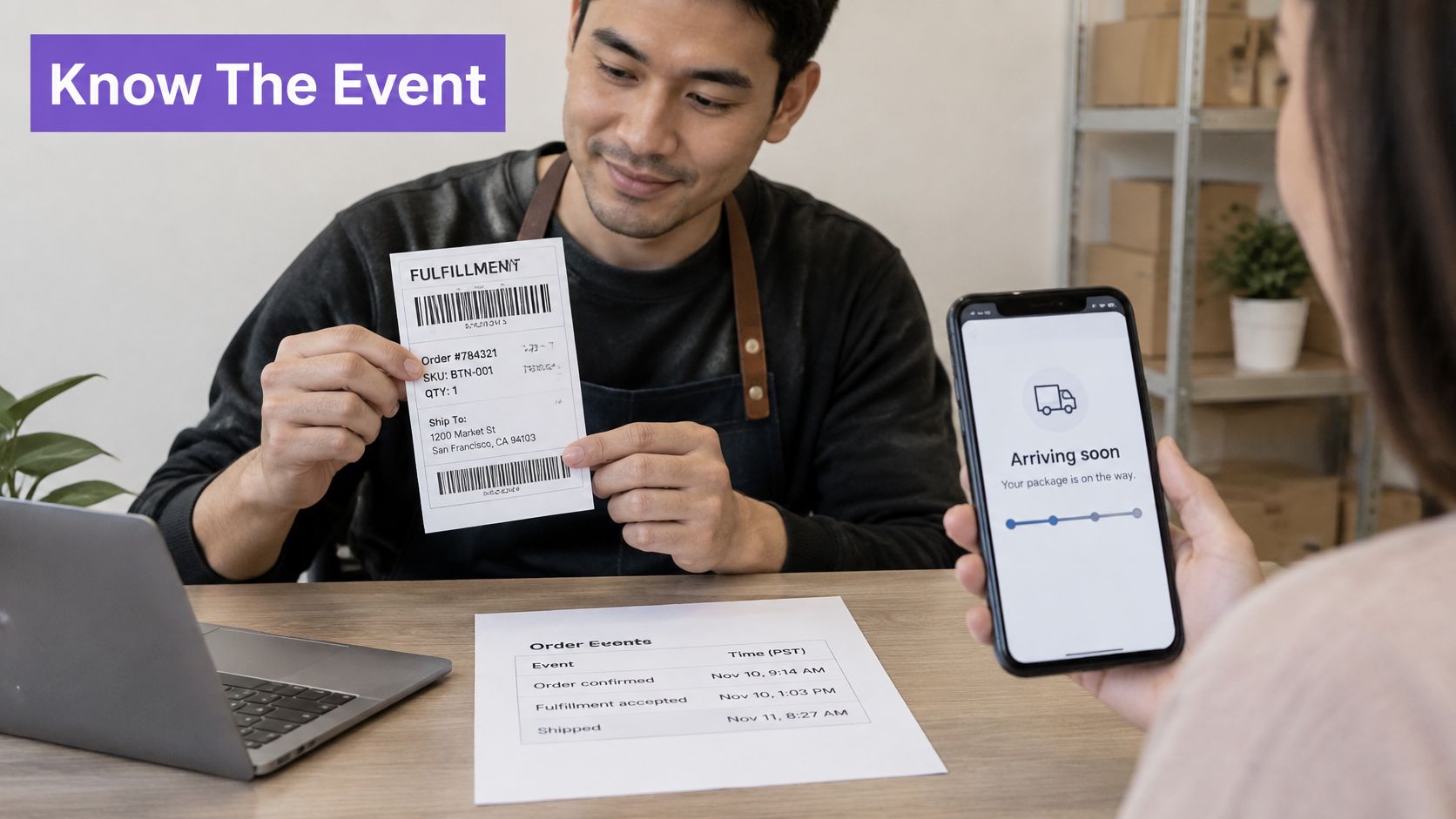 A warehouse worker showing a shipping label to a customer while a tracking app displays status.