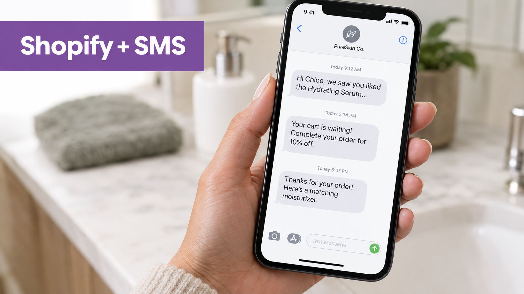 A person holding a smartphone displaying an SMS conversation with PureSkin Co. for personalized product recommendations.