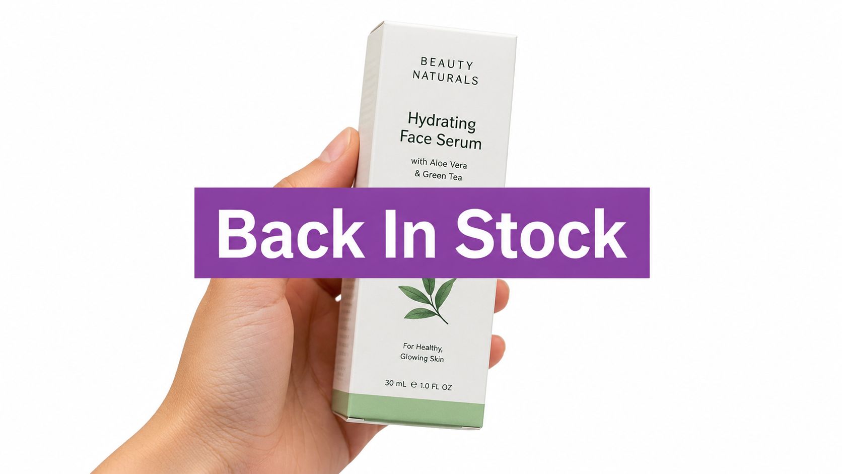 A hand holding a white box of Beauty Naturals hydrating face serum with a Back In Stock overlay.