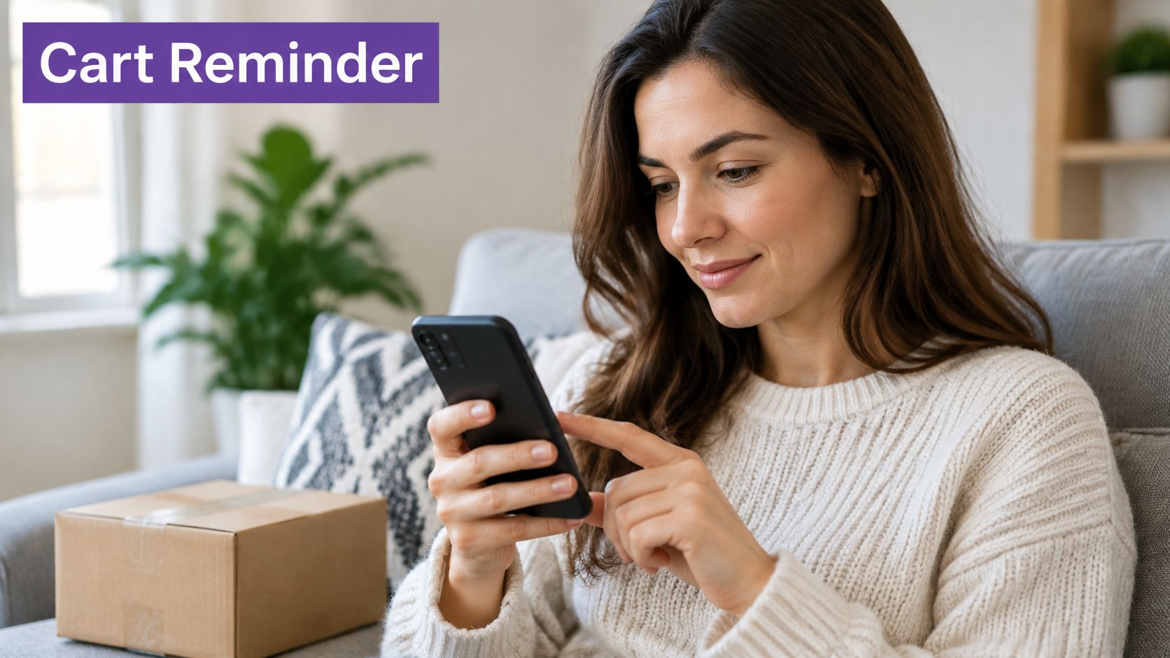 A smiling woman sitting on a couch checking her smartphone next to a cardboard shipping package.