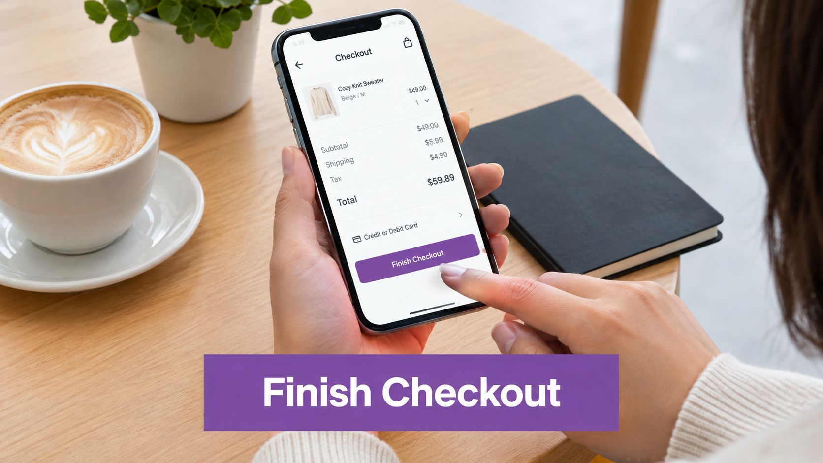 A person using a smartphone to complete an online shopping checkout process while sitting at a table.
