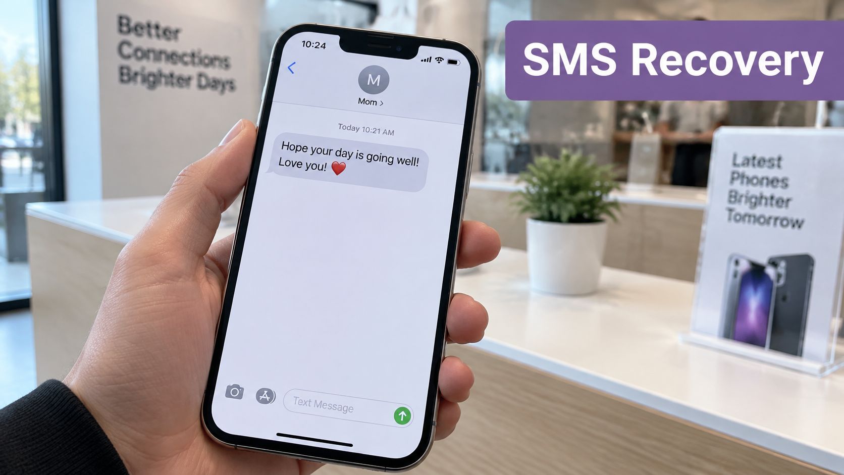 A hand holding a smartphone displaying a text message from Mom in a modern mobile phone store.