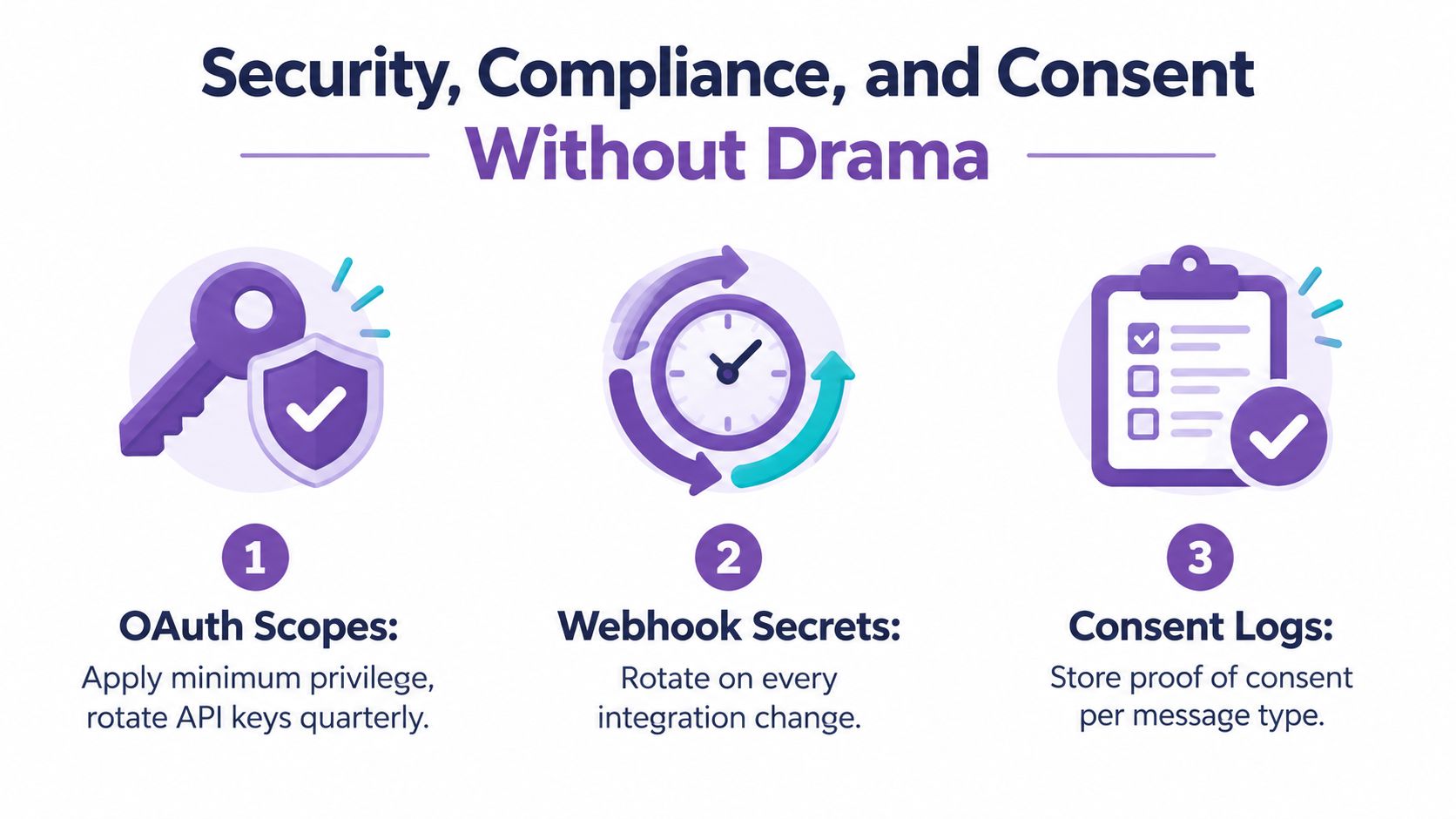 A graphic illustration detailing three steps for ensuring security, compliance, and consent in third-party software integrations.