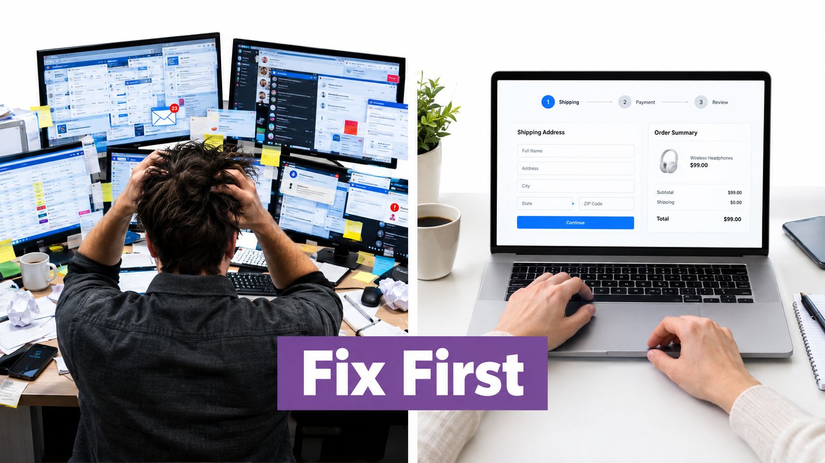 A split image showing a stressed worker surrounded by multiple monitors versus a calm person shopping online.