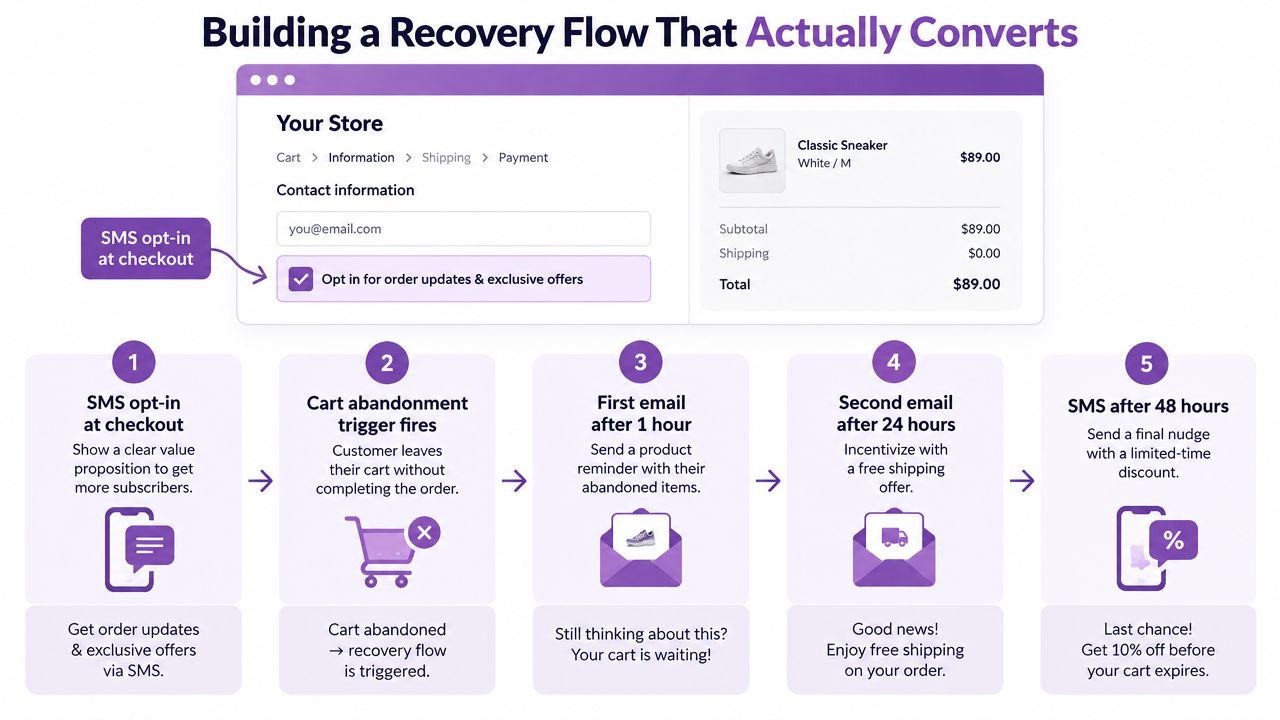 A diagram outlining a five-step recovery flow for cart abandonment software to increase online store conversions.