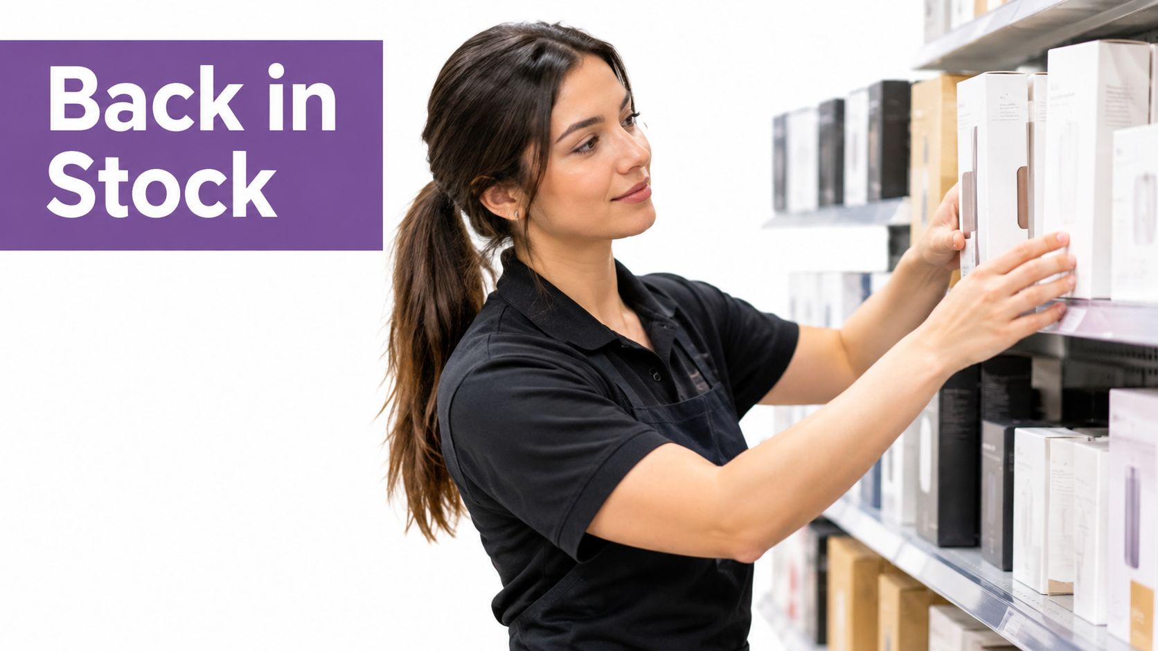 A store employee in a black uniform stocking products on shelves under a Back in Stock sign.