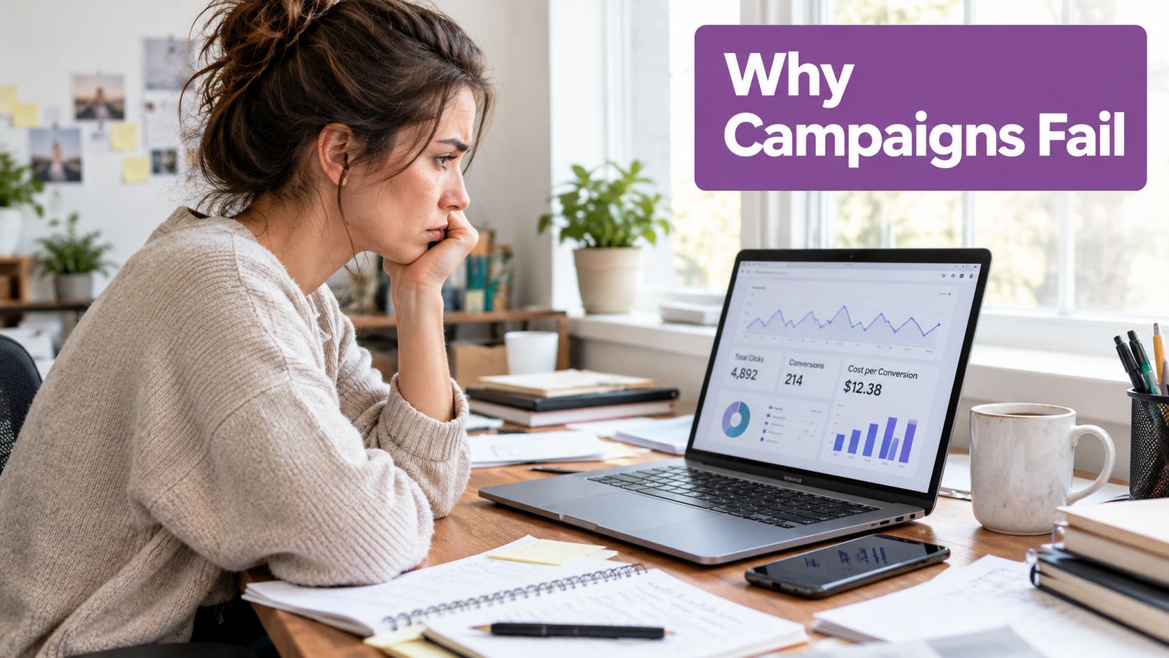 A concerned woman analyzing digital marketing campaign data on her laptop screen while working from home.