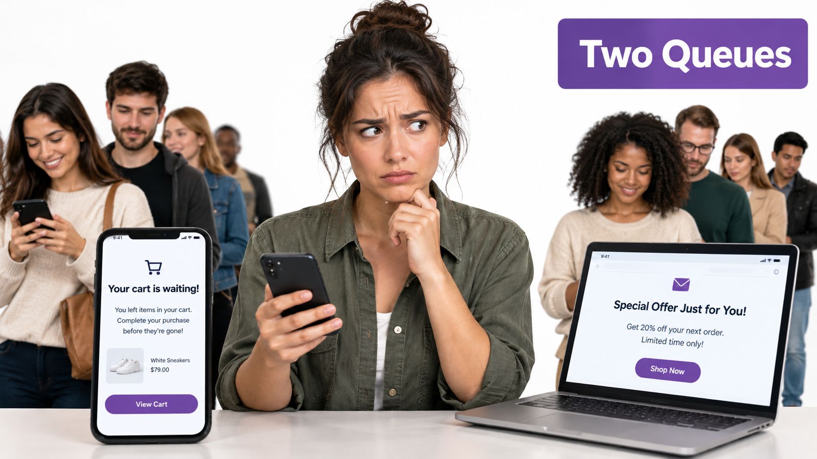 A woman looks thoughtful between a smartphone and laptop showing e-commerce shopping cart and email marketing offers.