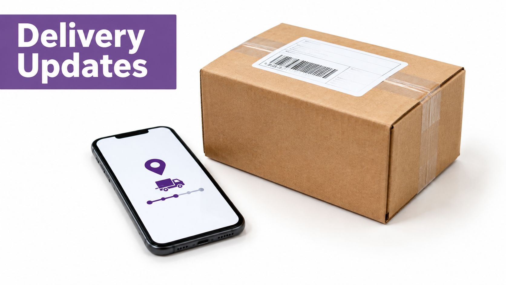 A brown cardboard shipping box next to a smartphone showing a delivery tracking app on screen.