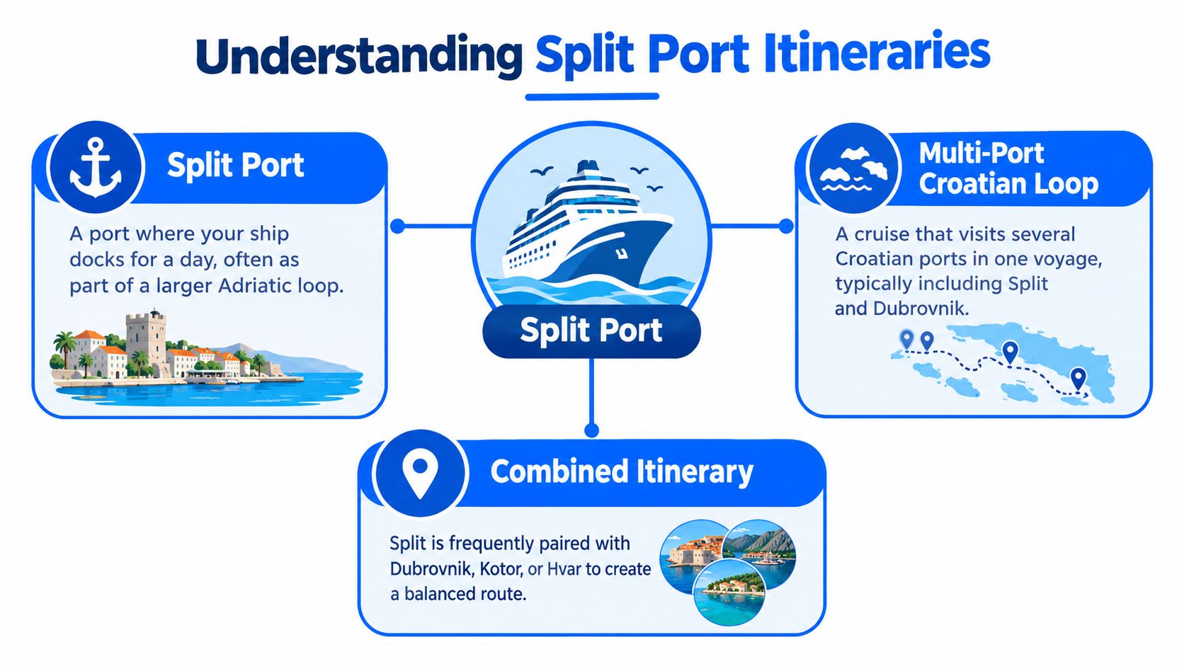 An infographic explaining different cruise itinerary options that include the port of Split, Croatia.