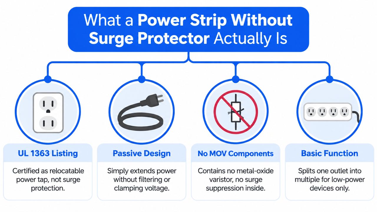 An infographic detailing the features of a power strip without surge protection, explaining its functional design and limitations.