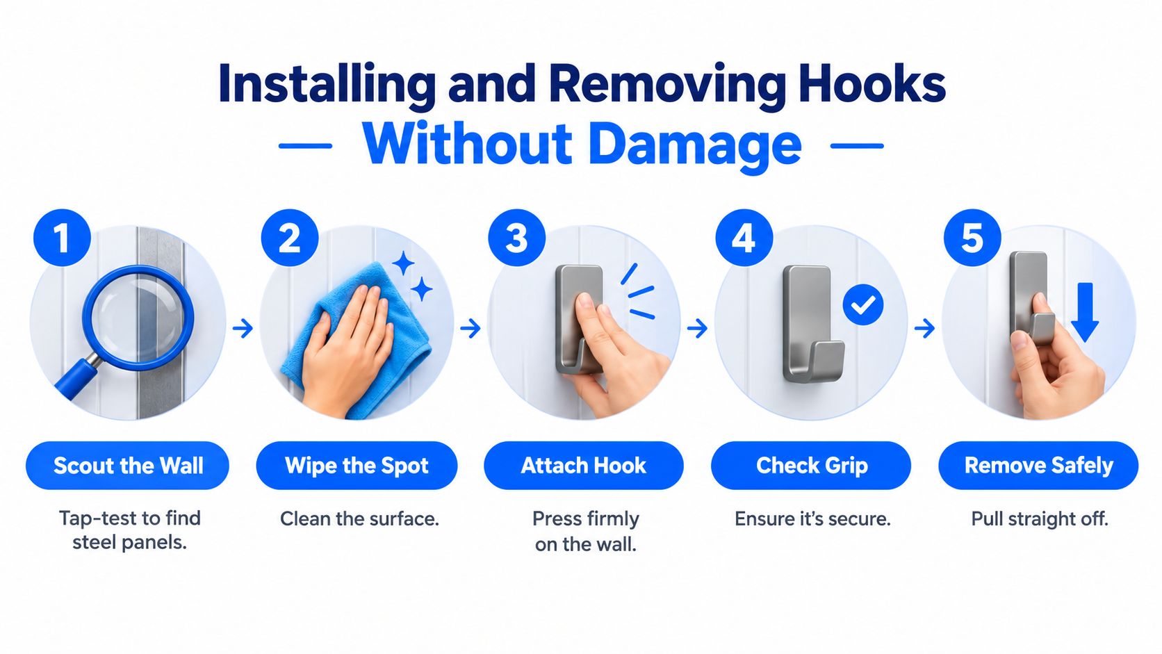 A step-by-step instructional guide showing five easy steps to properly install and safely remove magnetic hooks.