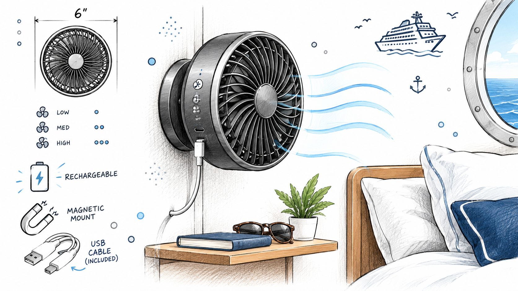 A compact, rechargeable 6-inch magnetic wall-mounted portable fan displayed inside a cabin room with a porthole view.