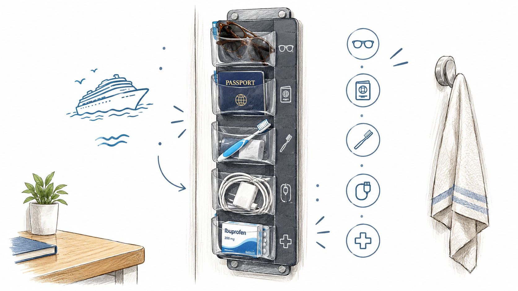 A vertical travel organizer hanging on a wall with compartments storing glasses, passport, toothbrush, cables, and medication.