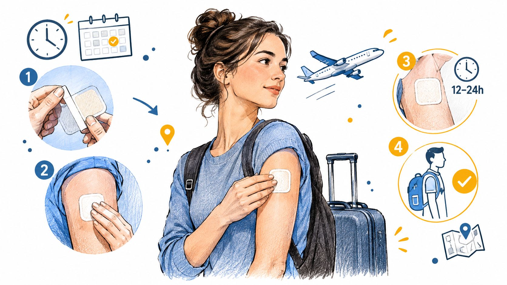 An infographic showing a young woman applying a motion sickness patch to her arm before traveling.