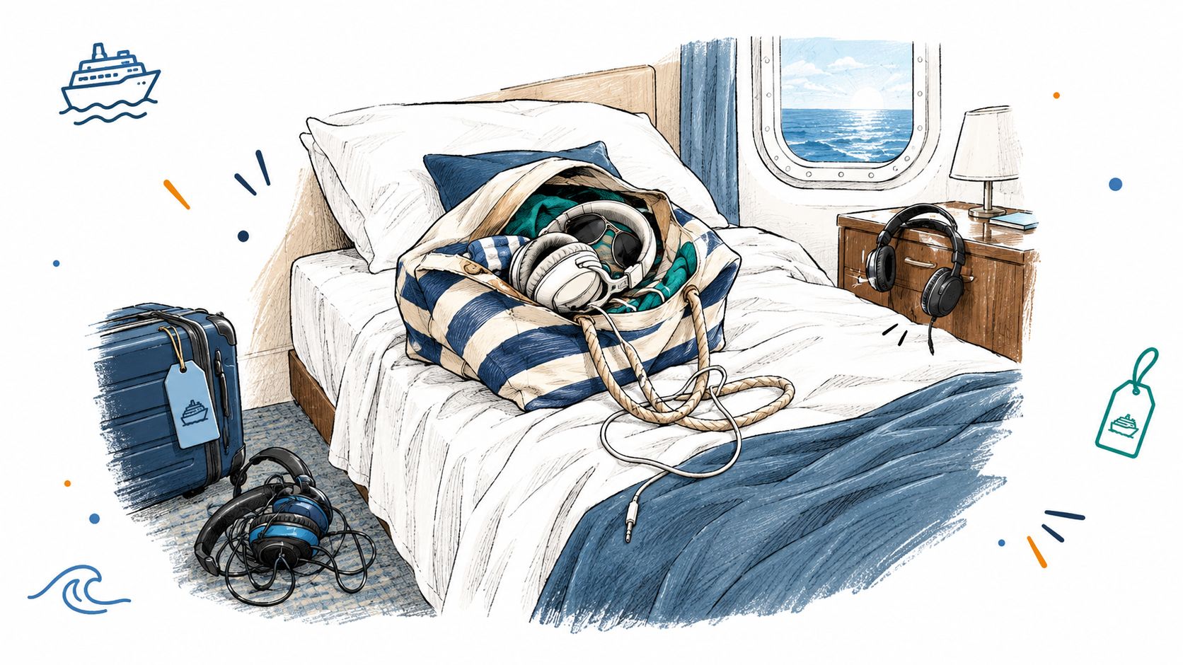 A travel-themed illustration showing a bedroom on a cruise ship with headphones, bags, and luggage packed.