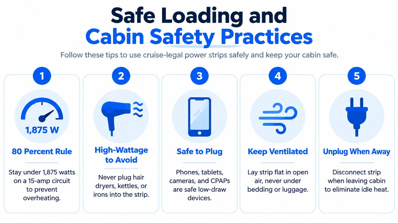 An infographic detailing five safety tips for using cruise ship legal power strips safely in cabins.