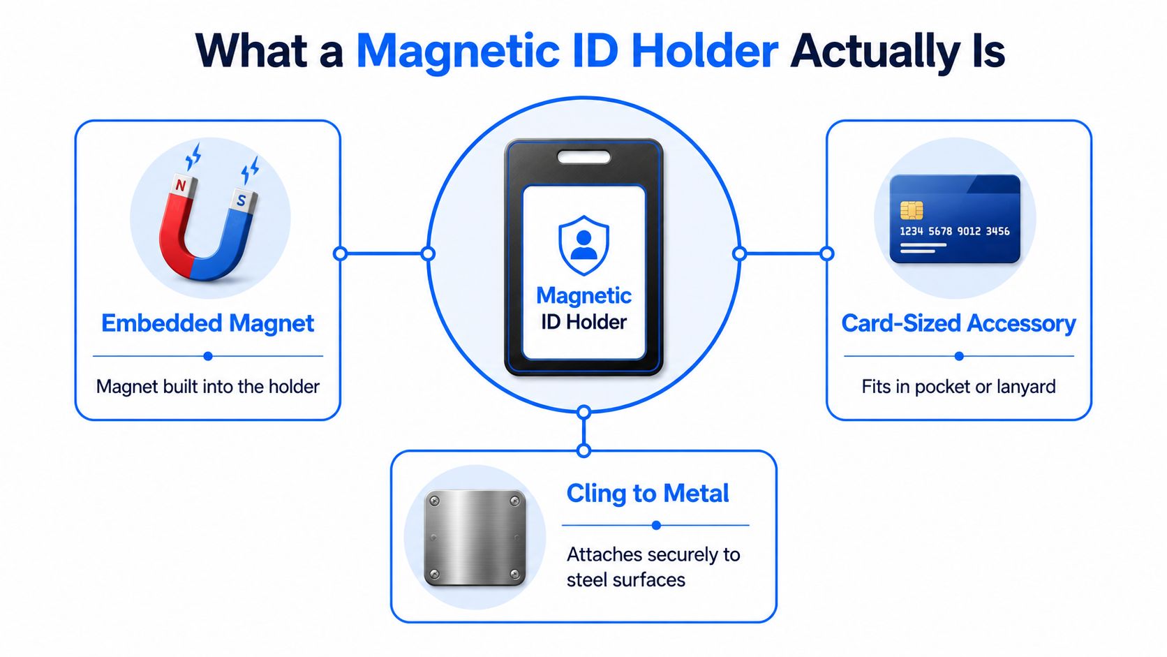A diagram explaining the features of a magnetic ID holder including magnets, card-sized design, and metal attachment.