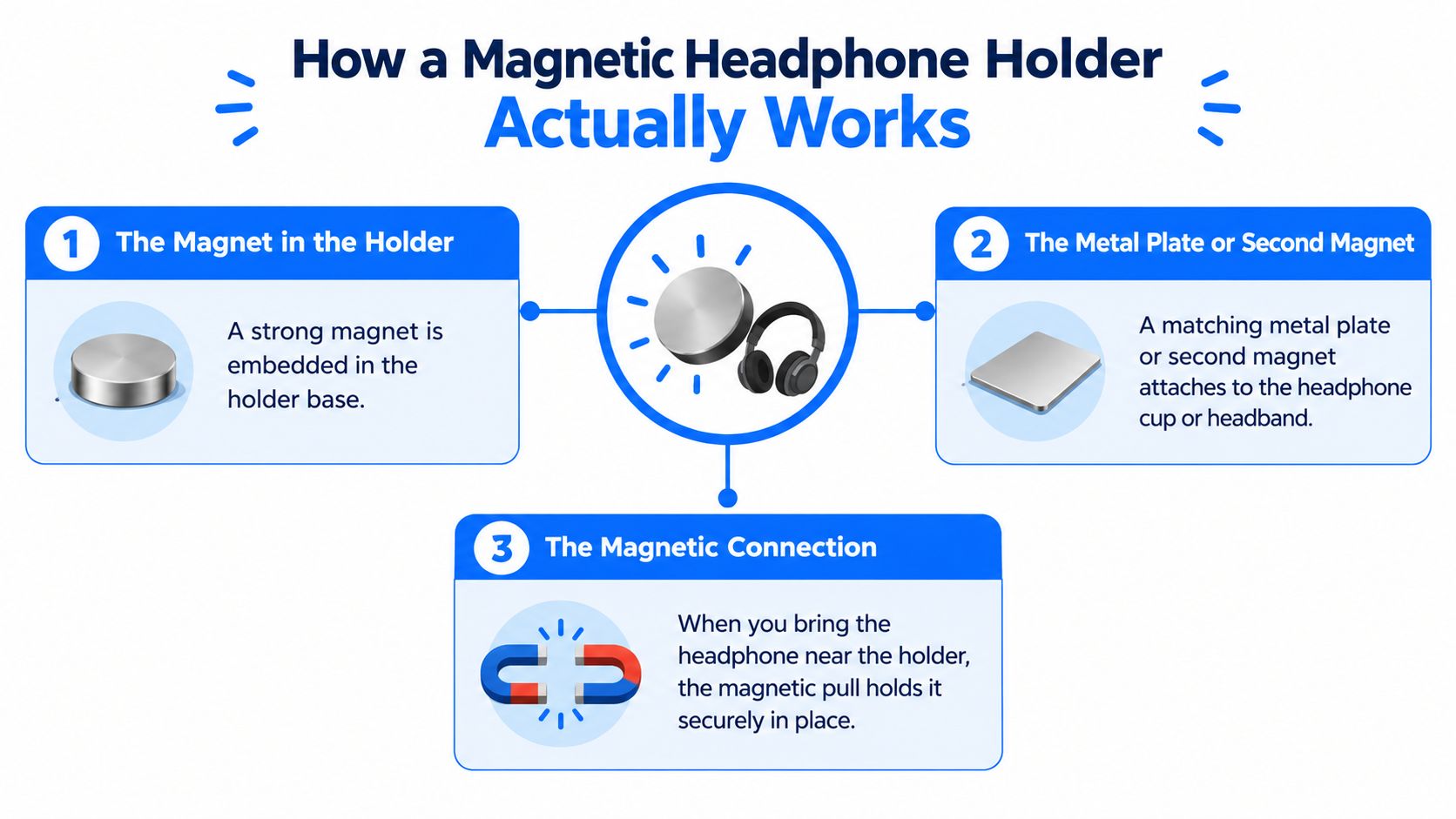 A diagram explaining how a magnetic headphone holder works through a magnet and a metal plate.