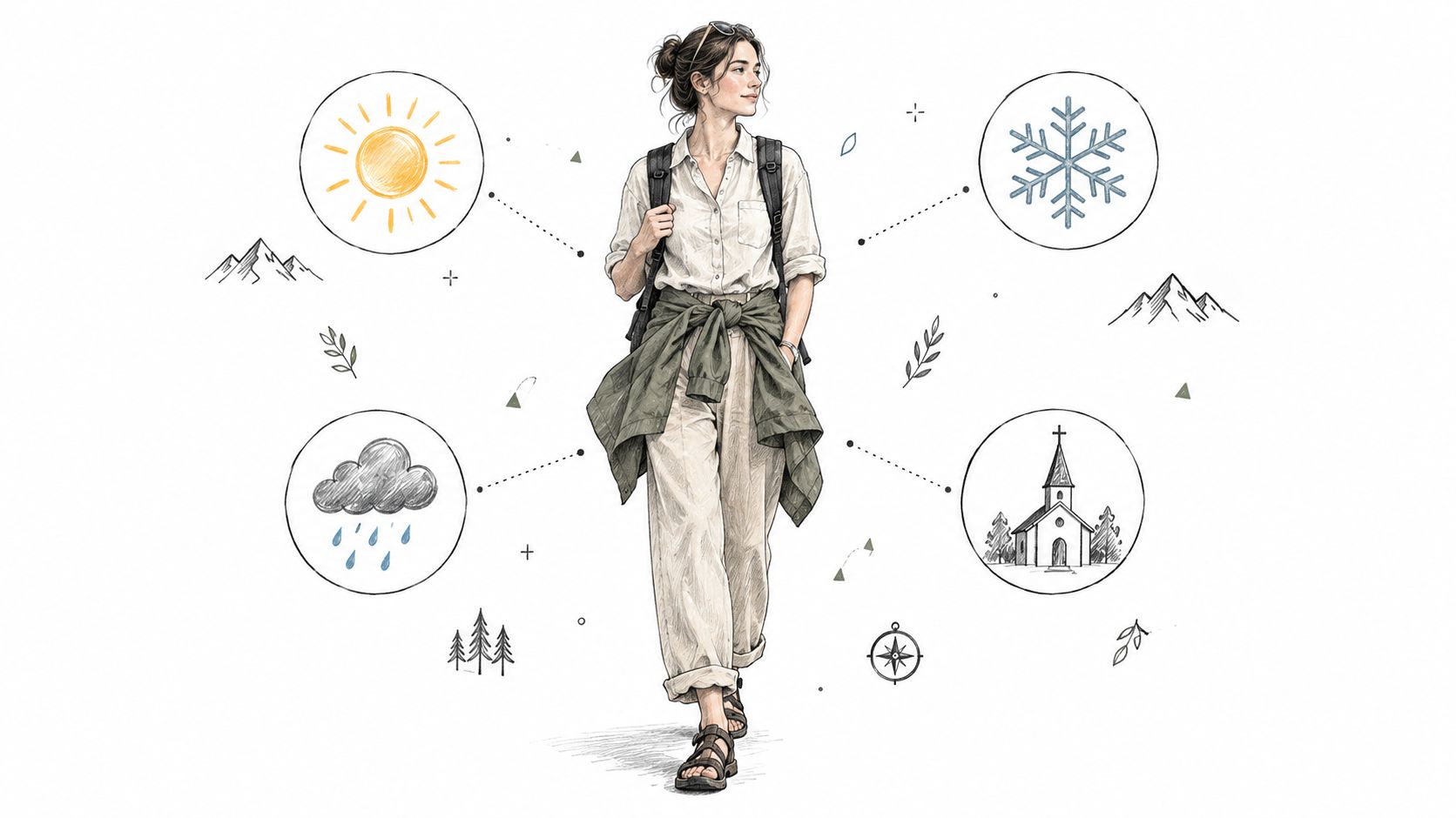 A sketched illustration of a female traveler with various weather icons and a church symbol.
