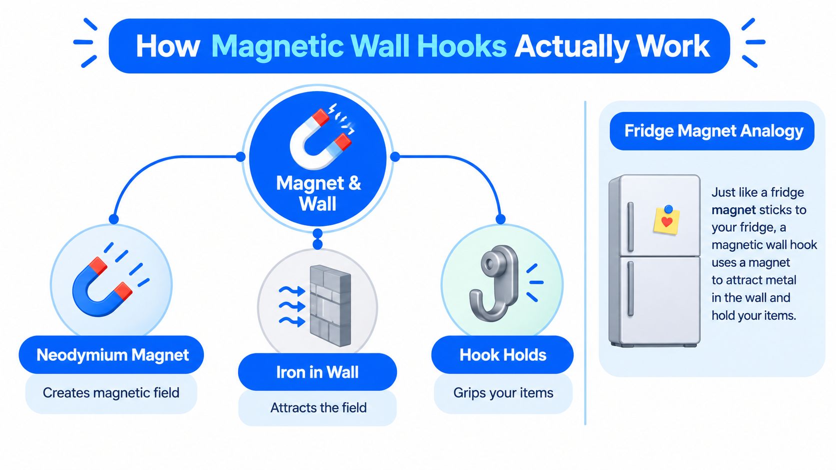 An infographic showing how magnetic wall hooks function by using a neodymium magnet to attract iron in walls.