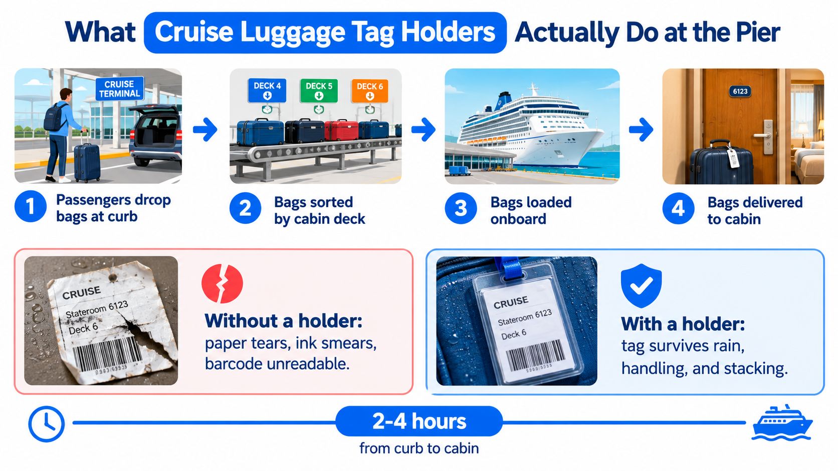 An infographic illustrating how cruise luggage tag holders protect tags and facilitate delivery from curb to cabin.
