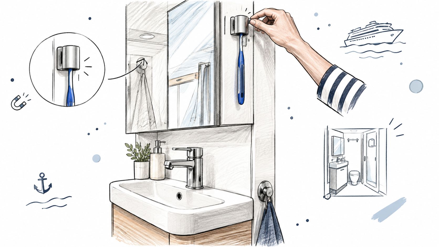 A magnetic toothbrush holder attached to a bathroom mirror cabinet, illustrating a convenient space-saving storage solution.