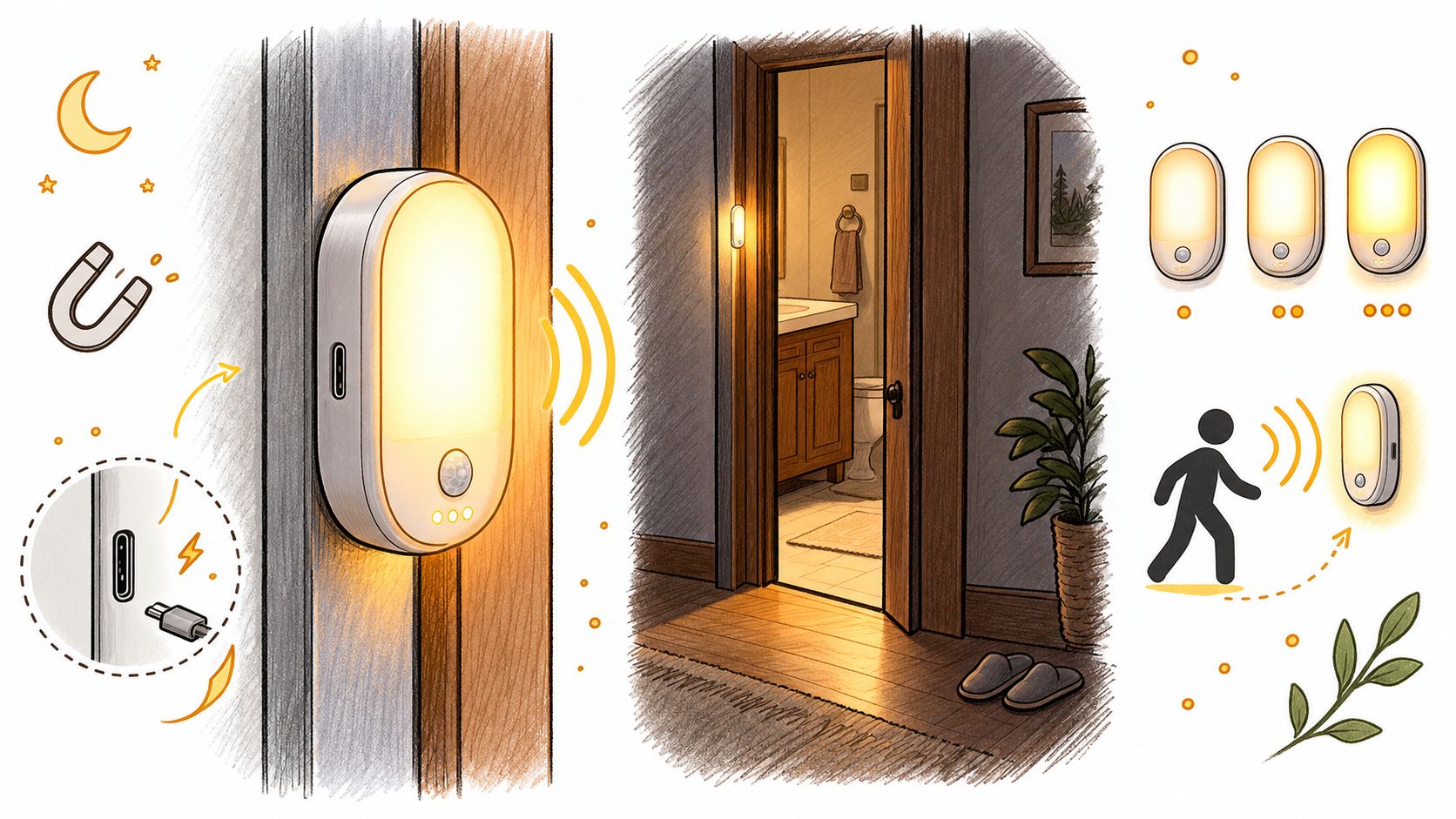 A motion-sensing LED night light with magnetic mounting, shown charging and illuminating a home hallway at night.