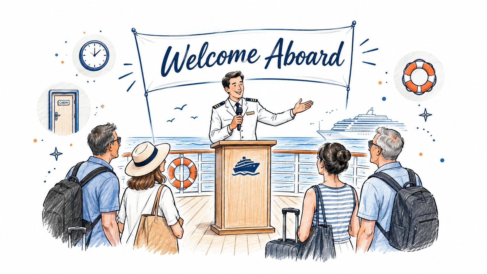A cruise ship captain standing at a podium welcoming passengers aboard a cruise ship vacation.