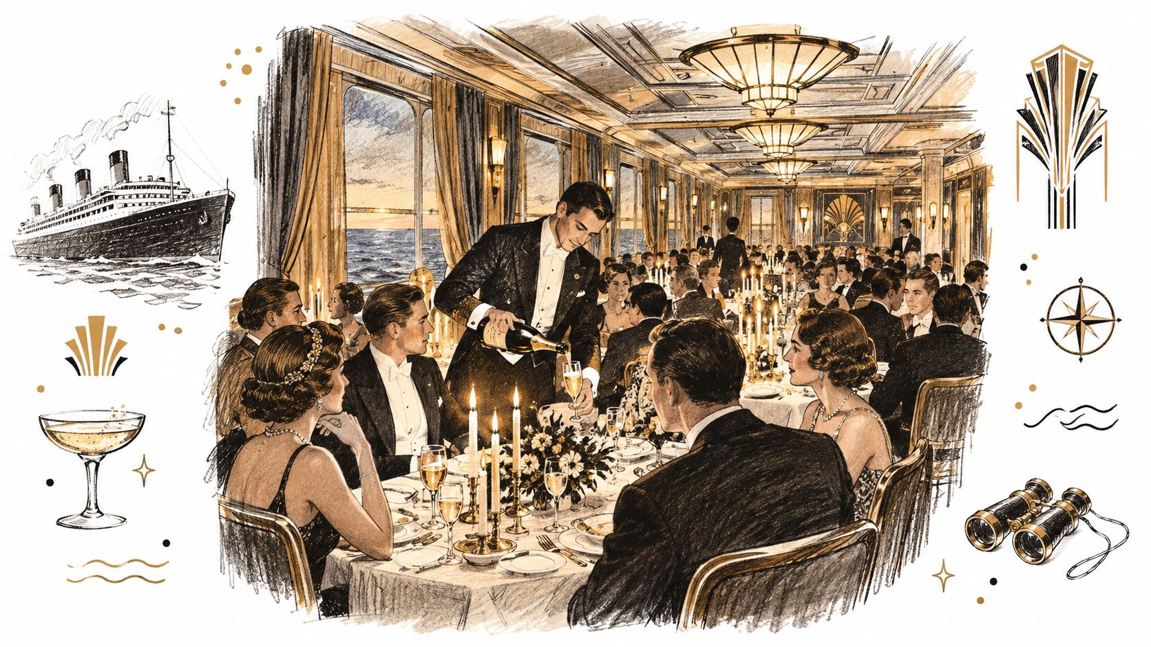 A sophisticated dinner scene aboard a luxury ocean liner with formal attire and elegant table service.
