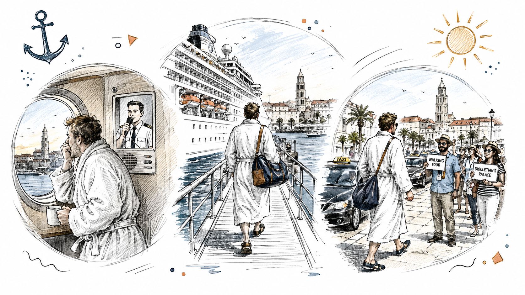 A traveler in a robe experiences a cruise journey, disembarking at the scenic Split cruise port.