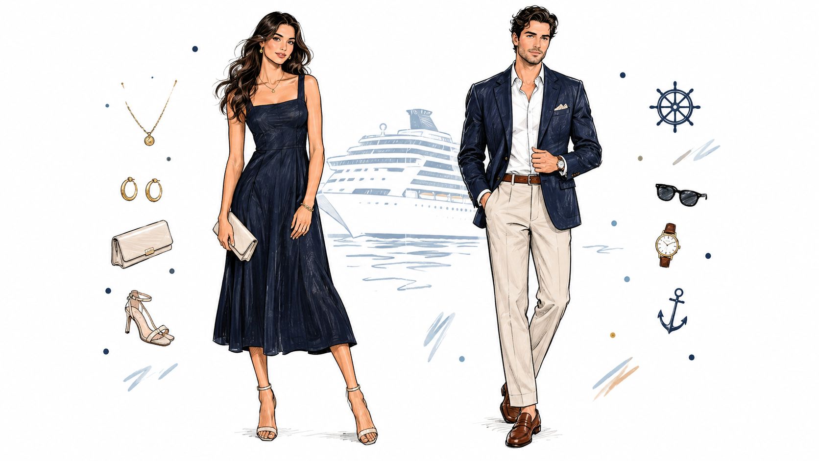 An illustration of a stylish man and woman dressed for formal nights on a cruise ship.