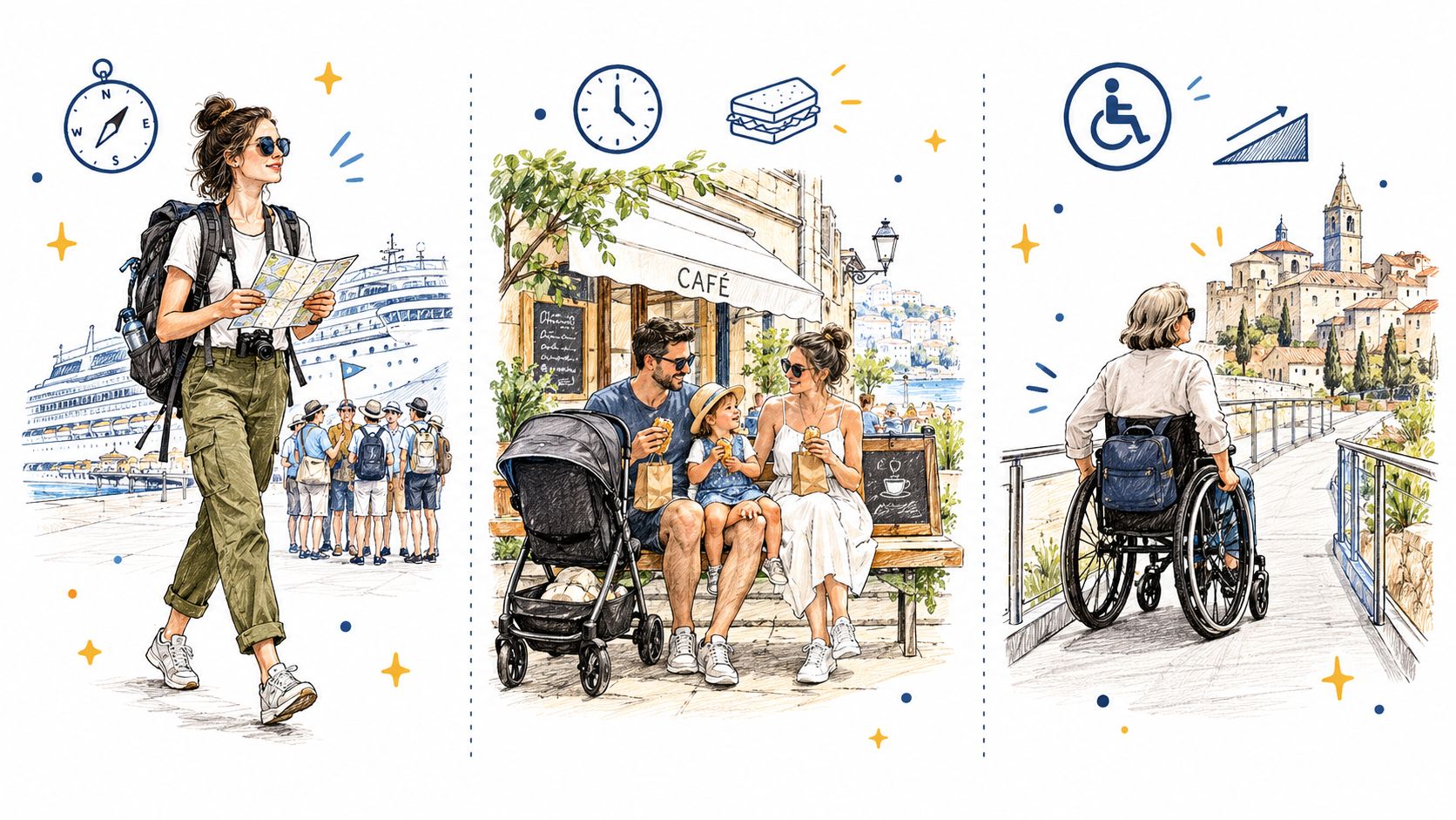 A split composition illustration showing a traveler, a family eating at a cafe, and a wheelchair user.