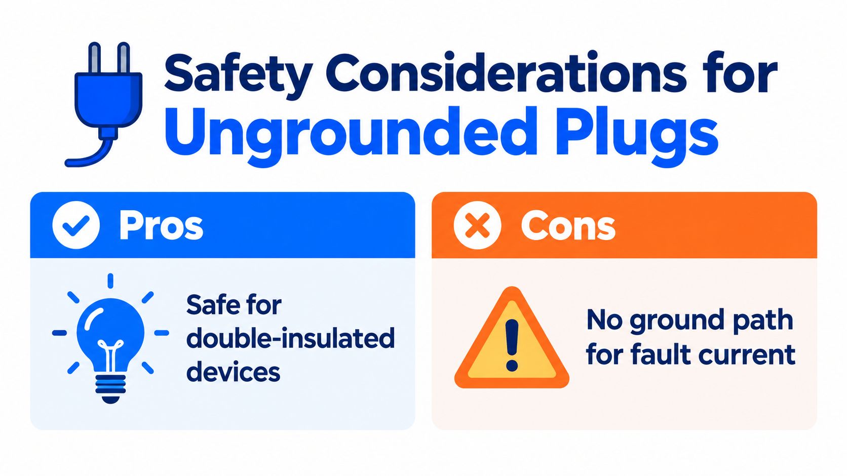 A safety infographic highlighting the pros and cons of using ungrounded electrical plugs for home appliances.