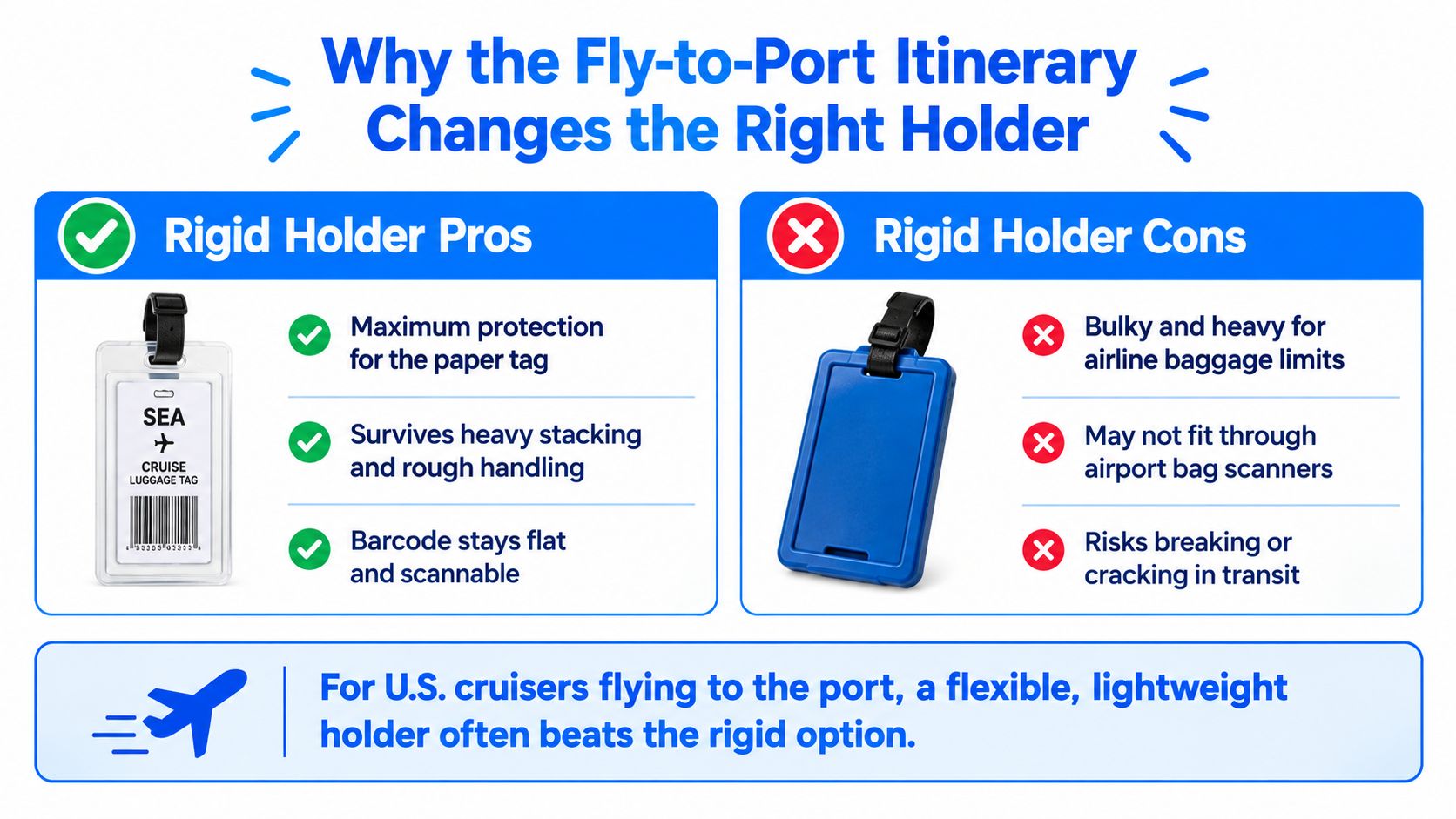 A comparison chart showing the pros and cons of using rigid cruise luggage tag holders.