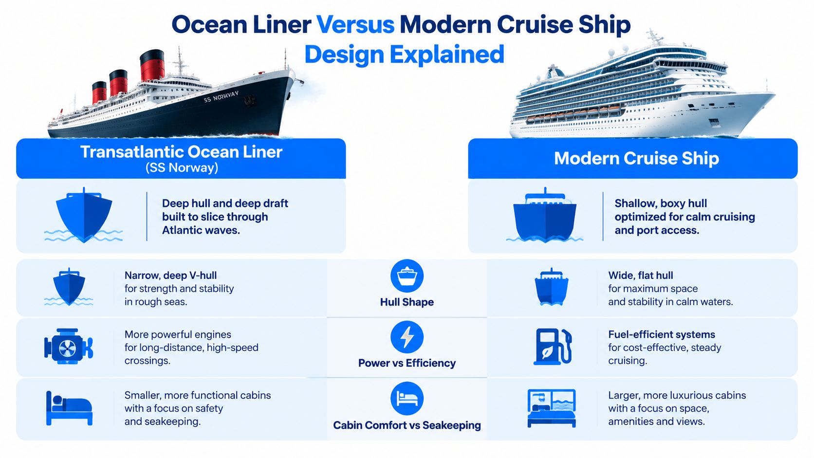 A comparison infographic between a traditional Transatlantic ocean liner and a modern cruise ship design.